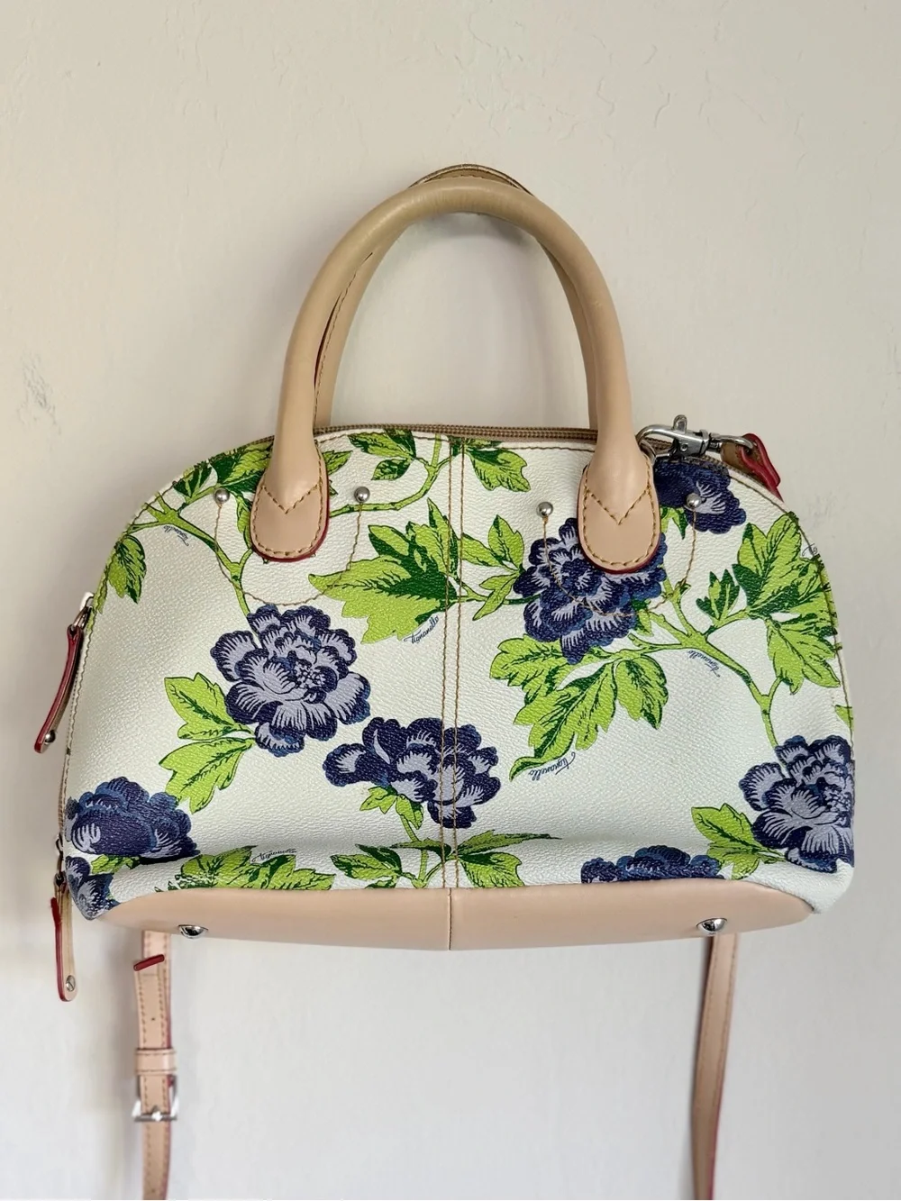 Tignanello Bed of Roses Domed Purse Green Purple Botanical Print Vegan Crossbody